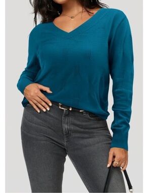 Tahari merino wool V-Neck hi low Sweater teal green blue size medium